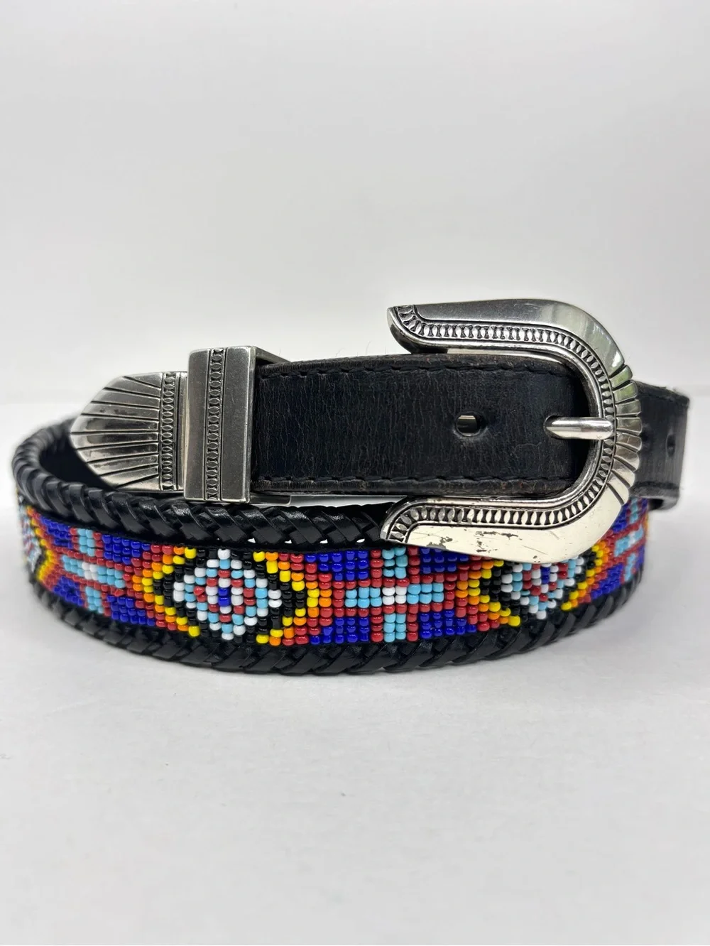 Brighton 1991 Beaded Aztec Southwest Black Braided Leather Belt Silver Buckle M‎